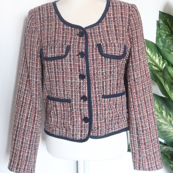 Soaked in Luxury Navy & Tan Tweed Blazer Bouclé Cropped Shoulder Pad Jacket Sz 6 - Picture 16 of 16
